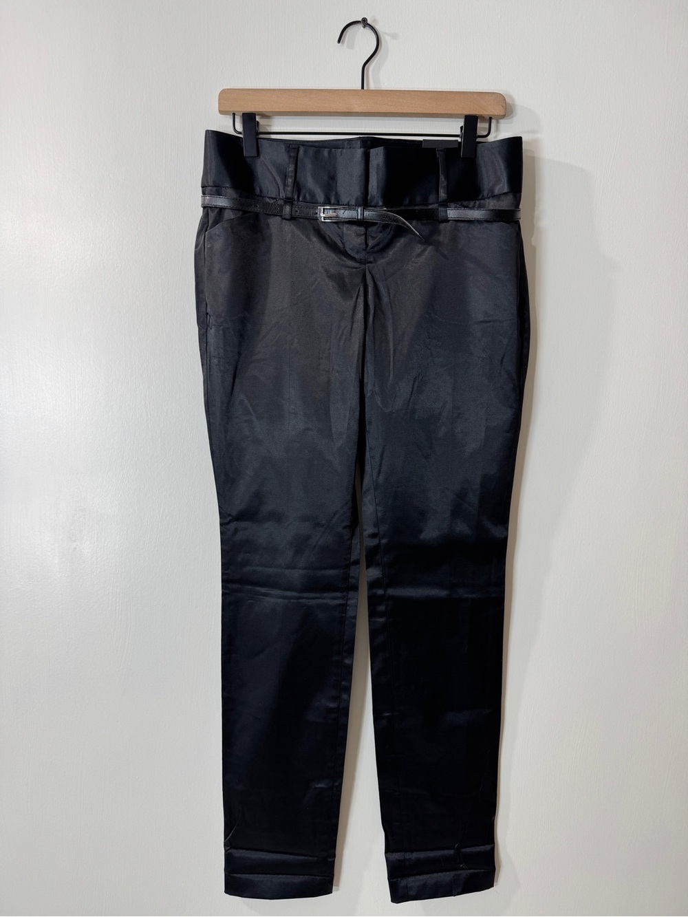 WP54 {Express Design Studio } "Cigarette Pant" Black Satin Belted Straight Pants